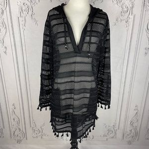 Black Hooded Stripe Mesh Long Sleeve Coverup